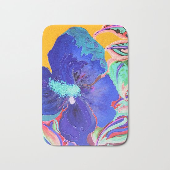 Birthday Acrylic Blue Orange Hibiscus Flower Painting with Red and Green Leaves Bath Mat