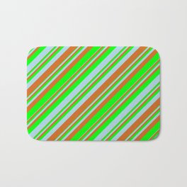 [ Thumbnail: Chocolate, Lime & Light Blue Colored Lined/Striped Pattern Bath Mat ]