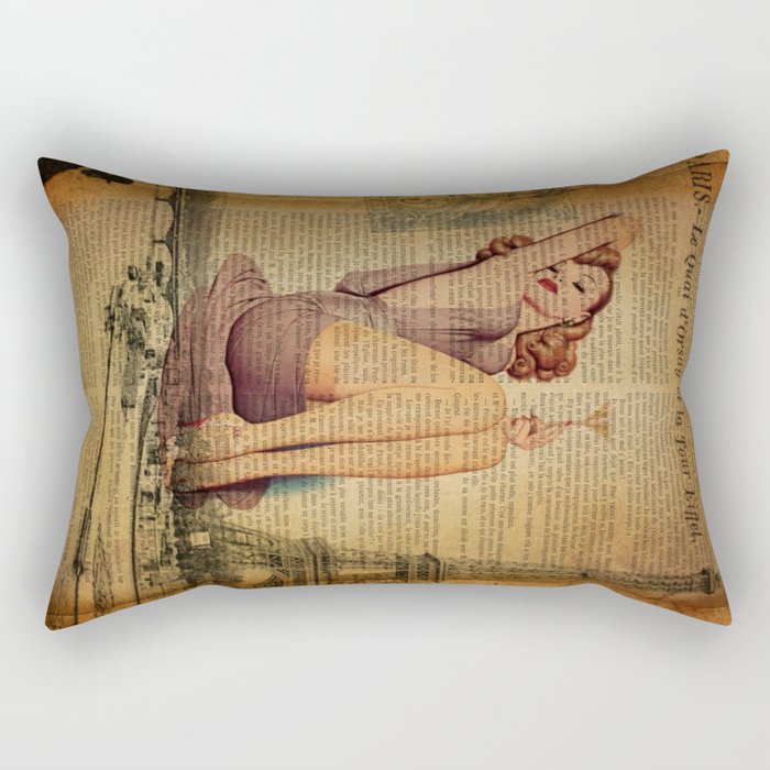 vintage newspaper print paris eiffel tower pin up girl Rectangular Pillow