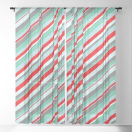 [ Thumbnail: Eyecatching Aquamarine, Powder Blue, Red, Light Cyan, and Gray Colored Lines Pattern Sheer Curtain ]