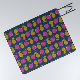 Graphic apples and pears, pink and gold on navy Picnic Blanket