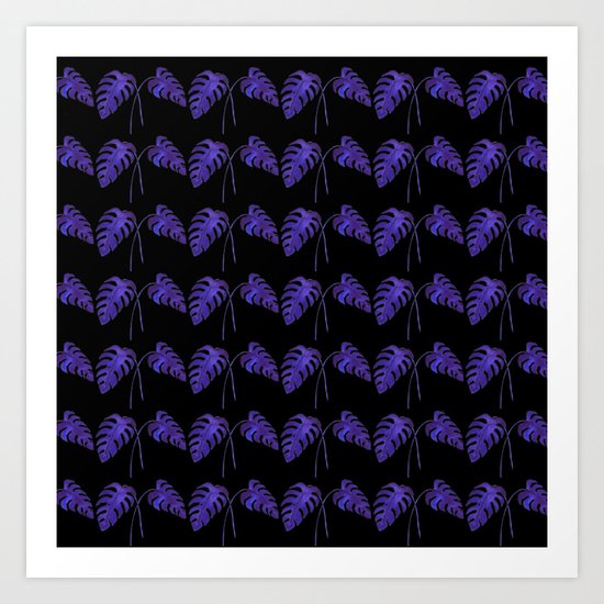 Indigo Monstera Leaf Watercolor on Black Art Print
