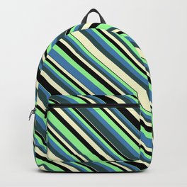 [ Thumbnail: Colorful Green, Blue, Dark Slate Gray, Light Yellow, and Black Colored Stripes/Lines Pattern Backpack ]