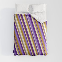 [ Thumbnail: Indigo, Purple, Dark Goldenrod & Light Yellow Colored Lined Pattern Comforter ]