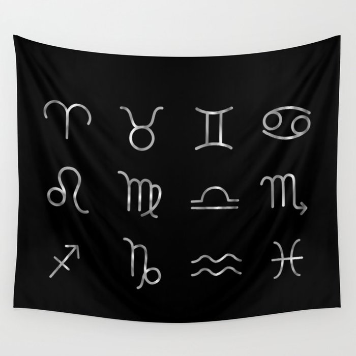 Zodiac constellations symbols in silver Wall Tapestry