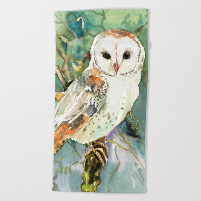 Barn Owl, woodland design owl Beach Towel