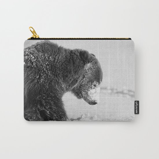 Alaskan Grizzly Bear in Snow, B & W - I Carry-All Pouch