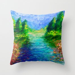 Pine trees by the river Throw Pillow