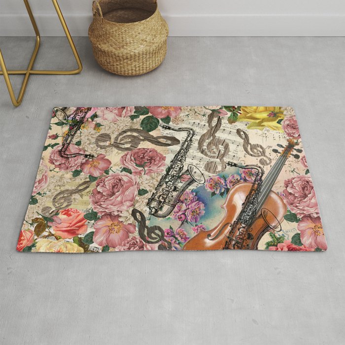 Vintage pink bohemian roses classical notes musical instruments Rug