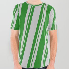 [ Thumbnail: Forest Green and Light Gray Colored Stripes Pattern All Over Graphic Tee ]