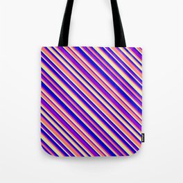 [ Thumbnail: Blue, Dark Violet, Salmon & Pale Goldenrod Colored Lined Pattern Tote Bag ]
