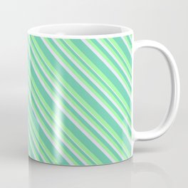 [ Thumbnail: Aquamarine, Green, and Lavender Colored Lined/Striped Pattern Coffee Mug ]