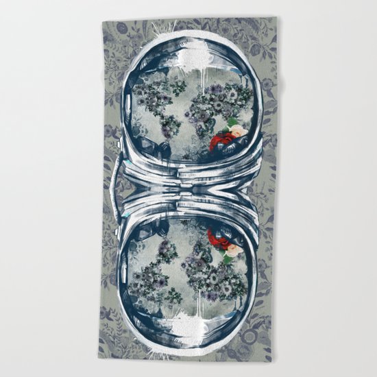 astronaut floral world map Beach Towel