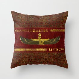Golden Egyptian God Ornament on red leather Throw Pillow