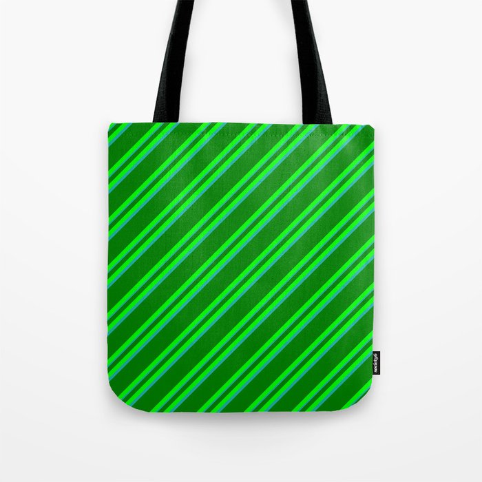 Green, Lime, and Light Sea Green Colored Lined Pattern Tote Bag