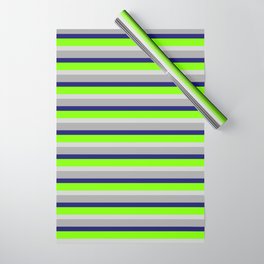 [ Thumbnail: Dark Grey, Midnight Blue, Chartreuse, and Light Grey Colored Lined/Striped Pattern Wrapping Paper ]