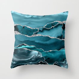 Glamour Turquoise Blue Bohemian Watercolor Marble With Silver Glitter Veins Throw Pillow