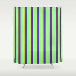 [ Thumbnail: Green, Yellow, Dark Slate Blue & Beige Colored Stripes/Lines Pattern Shower Curtain ]