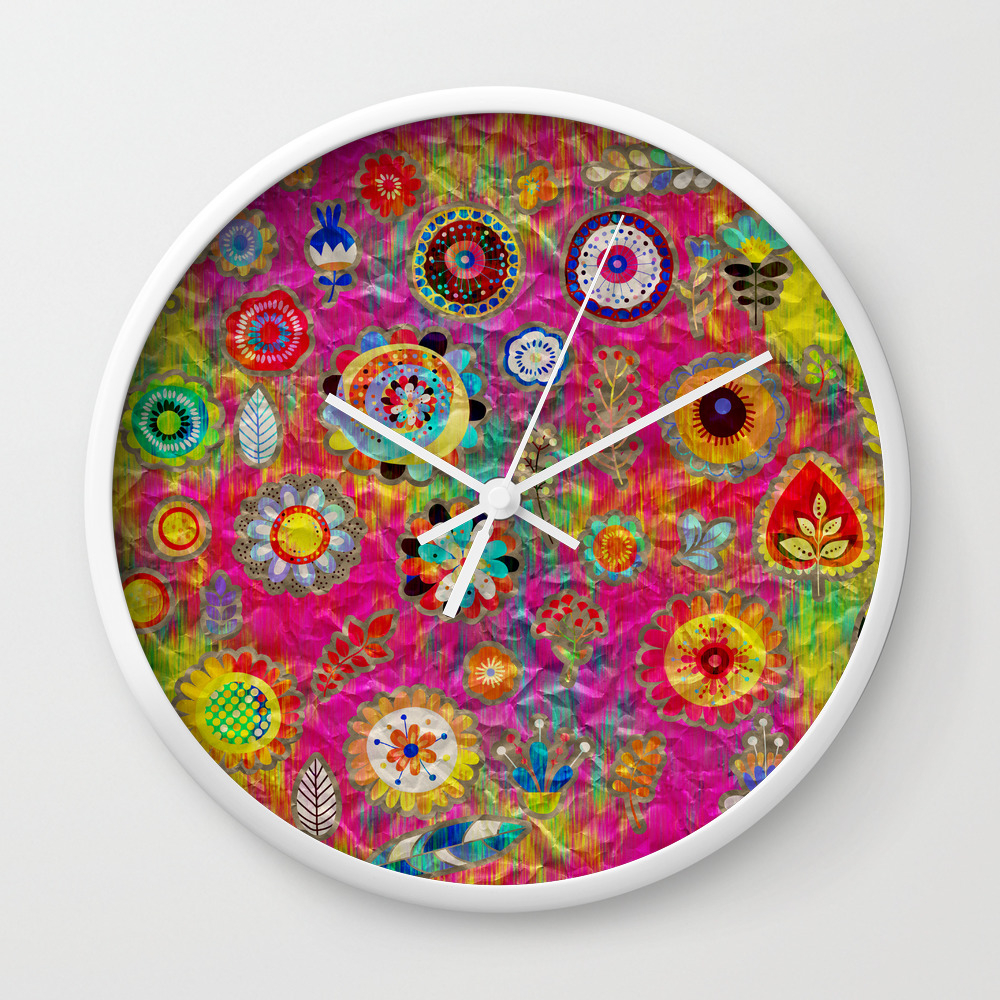 Boho Flowers Abstract Mixed Media Digital Art Collage Wall Clock