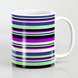 [ Thumbnail: Dark Violet, Light Yellow, Midnight Blue, Light Green, and Black Colored Lined/Striped Pattern Coffee Mug ]