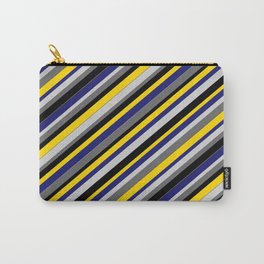 [ Thumbnail: Vibrant Light Gray, Dim Gray, Black, Yellow, and Midnight Blue Colored Stripes Pattern Carry-All Pouch ]