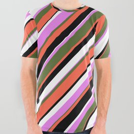 [ Thumbnail: Eyecatching Violet, Dark Olive Green, Red, Black, and White Colored Striped Pattern All Over Graphic Tee ]