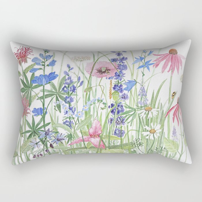 Poppy Bee Balm Trillium Watercolor Rectangular Pillow