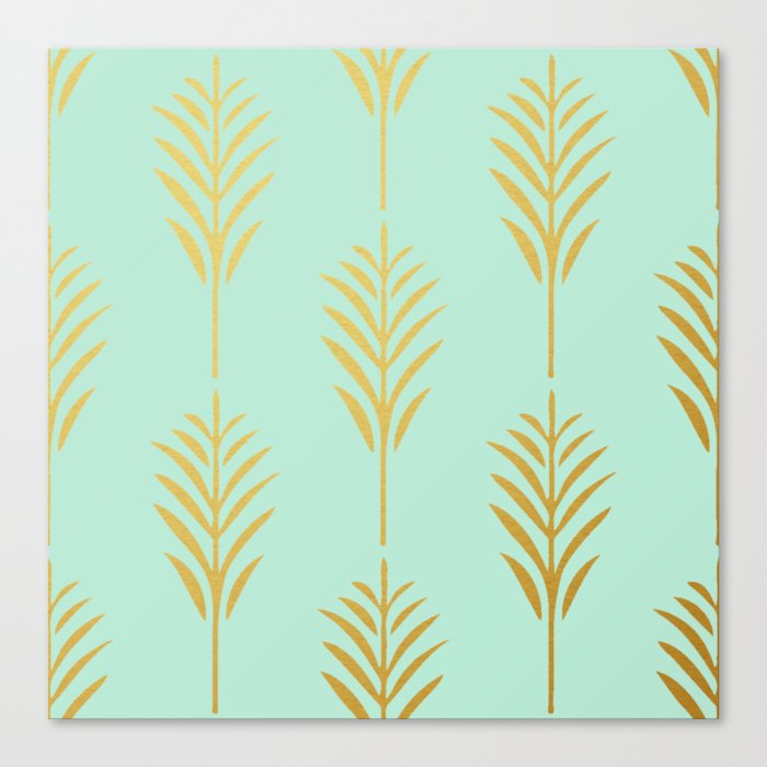 Golden Palm Leaves on Mint Canvas Print