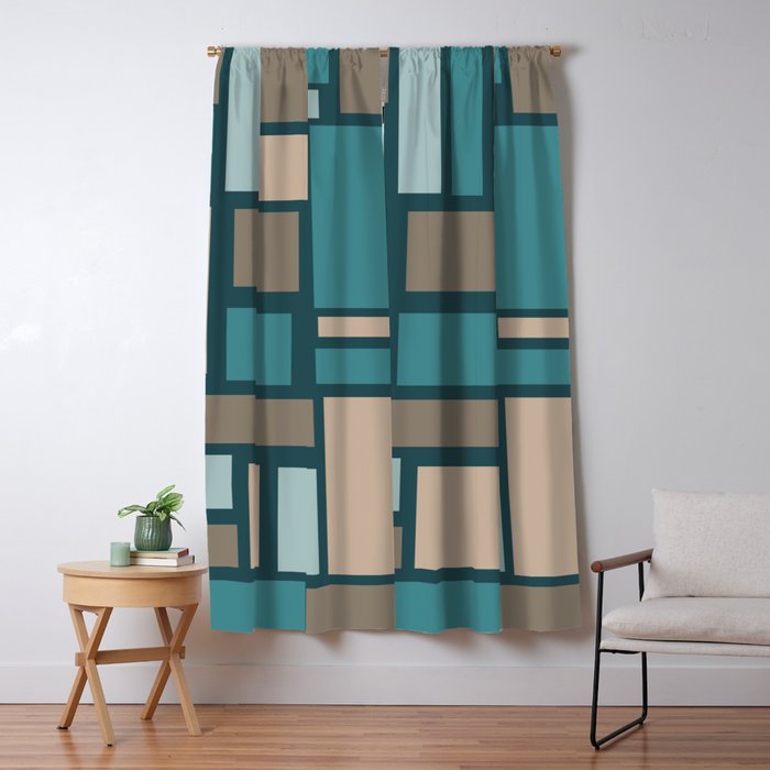 Midcentury Rectangles Pattern Teal Gold Blackout Curtain By