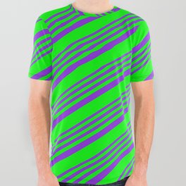 [ Thumbnail: Purple & Lime Colored Pattern of Stripes All Over Graphic Tee ]