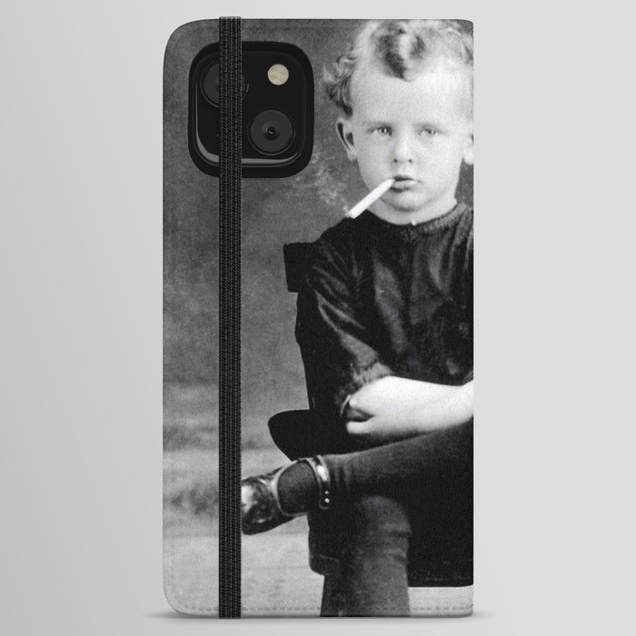 Smoking Boy with Chicken black and white photograph - photography - photographs iPhone Wallet Case