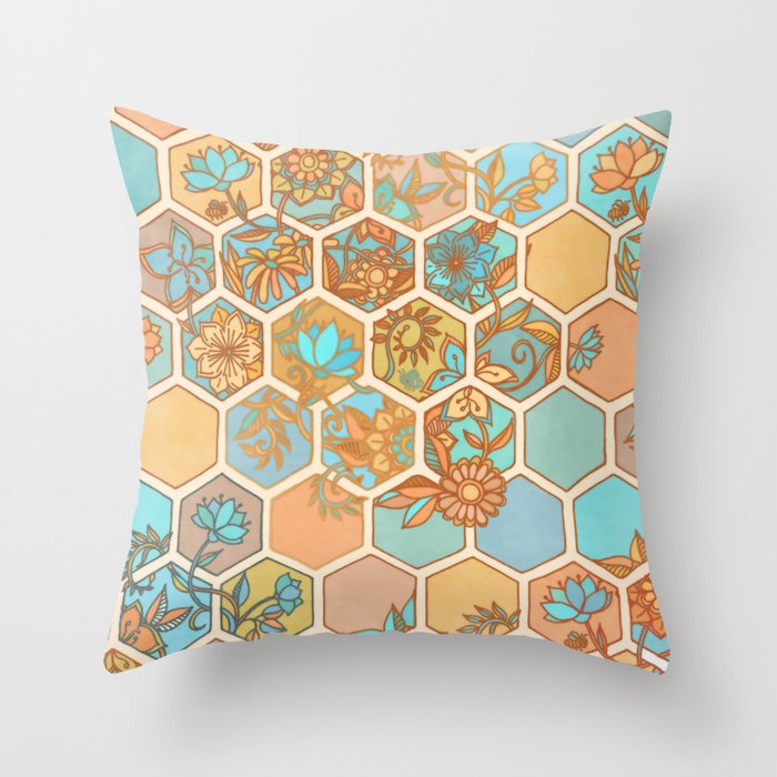 Golden Honeycomb Tangle - hexagon doodle in peach, blue, mint & cream Throw Pillow