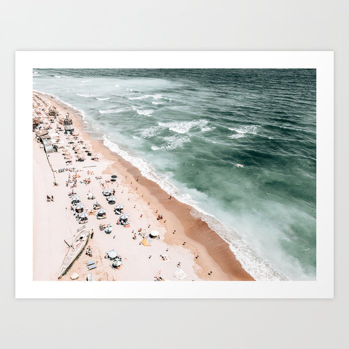 People Umbrellas On Beach, Aerial Ocean Beach, Aerial Sea Print, Aerial Ocean Waves, Summer Vibes, Art Print Art Print
