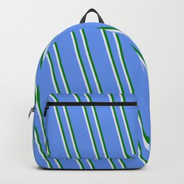 [ Thumbnail: Cornflower Blue, Green & Lavender Colored Lined Pattern Backpack ]