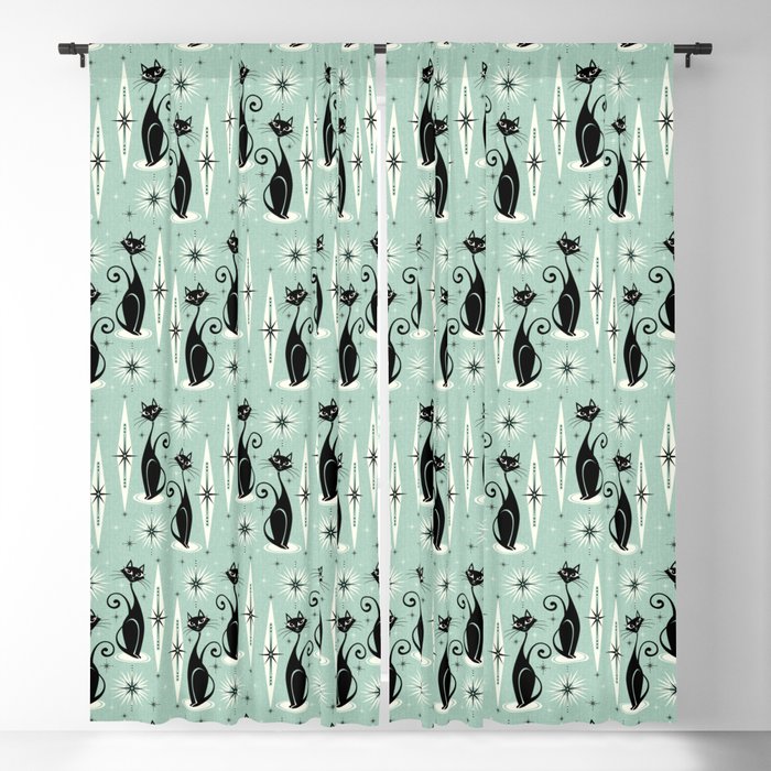 Mid Century Meow Retro Atomic Cats Mint Blackout Curtain