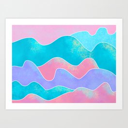 Mountain Waves, abstract blue purple pink design Art Print