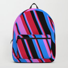 [ Thumbnail: Crimson, Violet, Blue & Black Colored Lines/Stripes Pattern Backpack ]