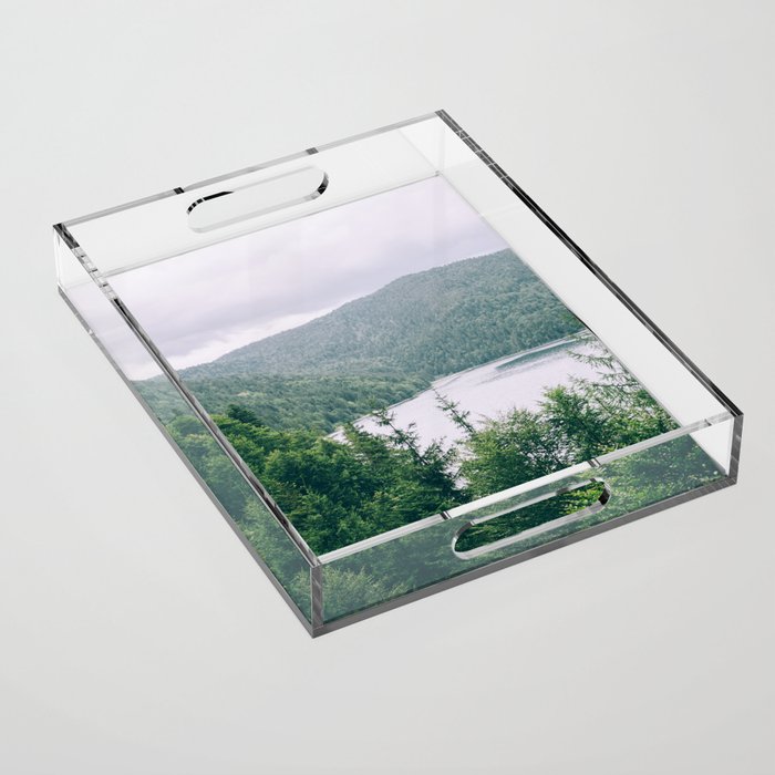 Rainy Mountain Landscape Photography | Green Hills with Forest Photo | Lake and Woods Acrylic Tray