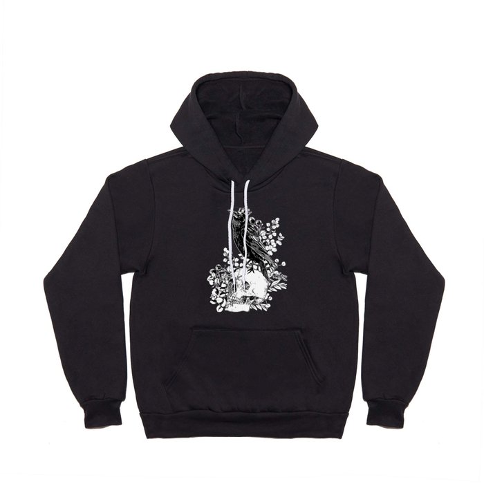 Black raven with skull and crow, skeleton eucaliptus leaves, black and white Hoody