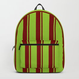 [ Thumbnail: Green and Maroon Colored Striped Pattern Backpack ]