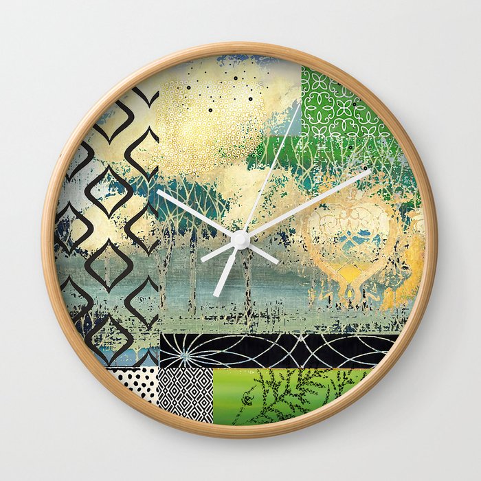 Beginning Abstract Patchwork Collage, Orange, Black, Green, Gold Wall Clock