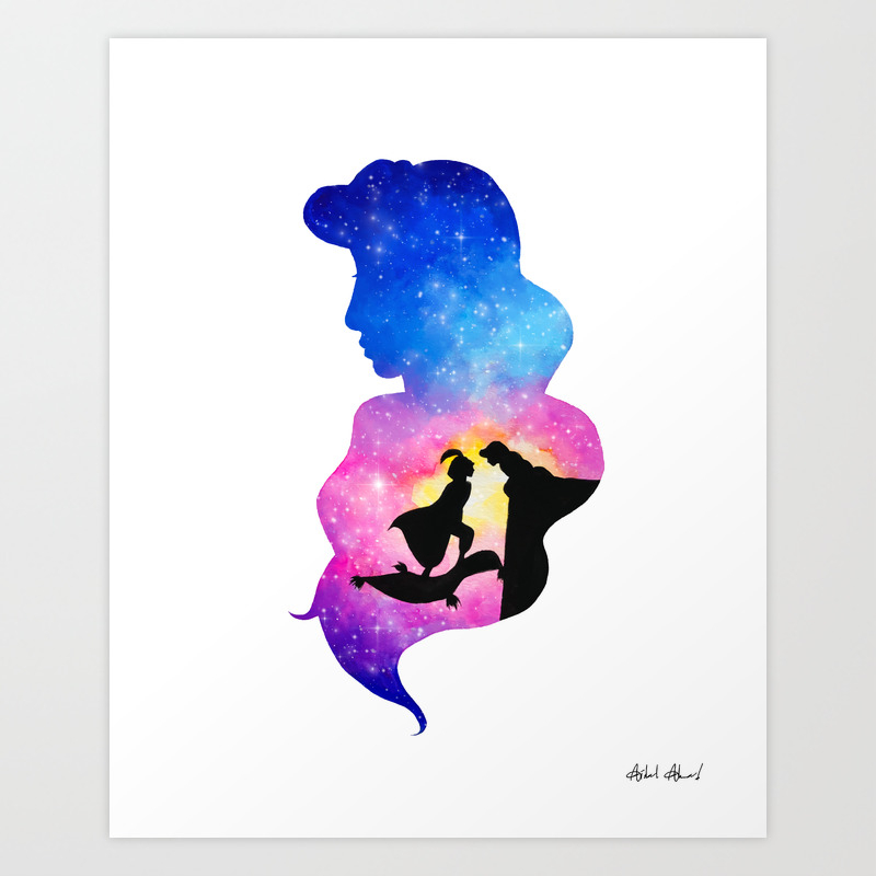 Jasmine Watercolor Double Exposure Aladdin Art Print By