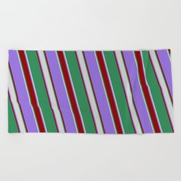 [ Thumbnail: Purple, Dark Red, Sea Green, and Light Grey Colored Lines Pattern Beach Towel ]