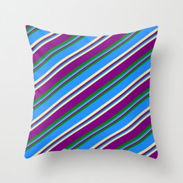 [ Thumbnail: Blue, Pale Goldenrod, Purple & Green Colored Lined/Striped Pattern Throw Pillow ]