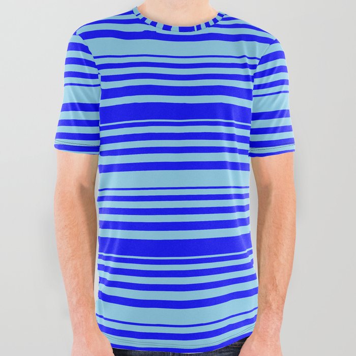 Blue and Sky Blue Colored Pattern of Stripes All Over Graphic Tee
