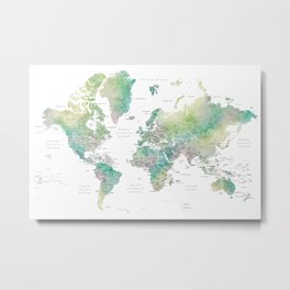 Watercolor world map in muted green and brown, with country capitals Metal Print