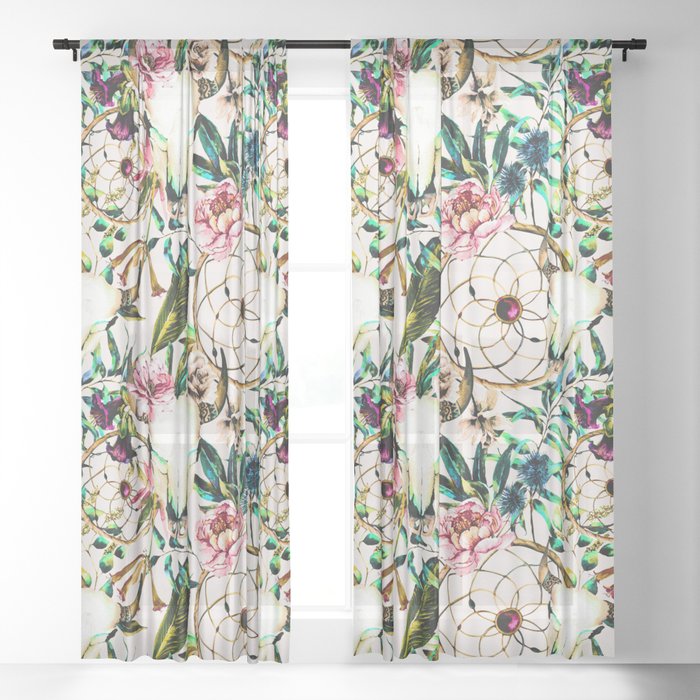 Bohemian Skull Pattern Flowery Vibrant Colors Sheer Curtain By