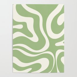 Modern Liquid Swirl Abstract Pattern in Light Sage Green and Cream Poster