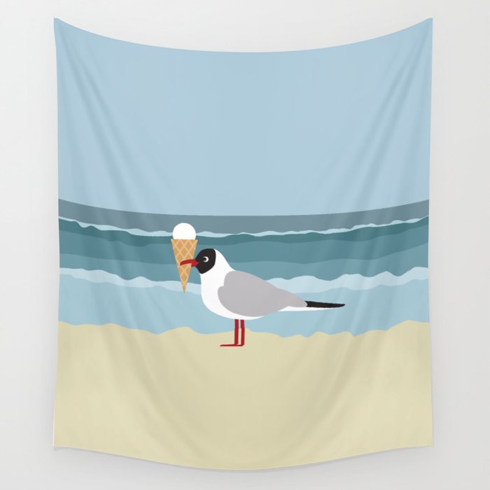 Cute seagull with ice cream by the sea Wall Tapestry