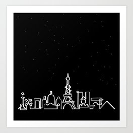 Paris skyline in onedraw at night Art Print